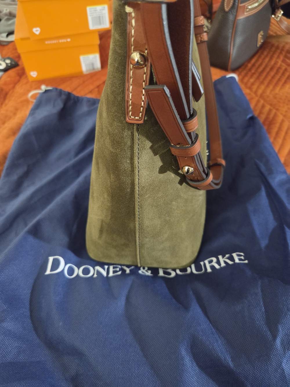Dooney & Bourke Olive Suede Hobo Bag with Brown Leather Trim 9.5x5.5x11.5 - Picture 3 of 9